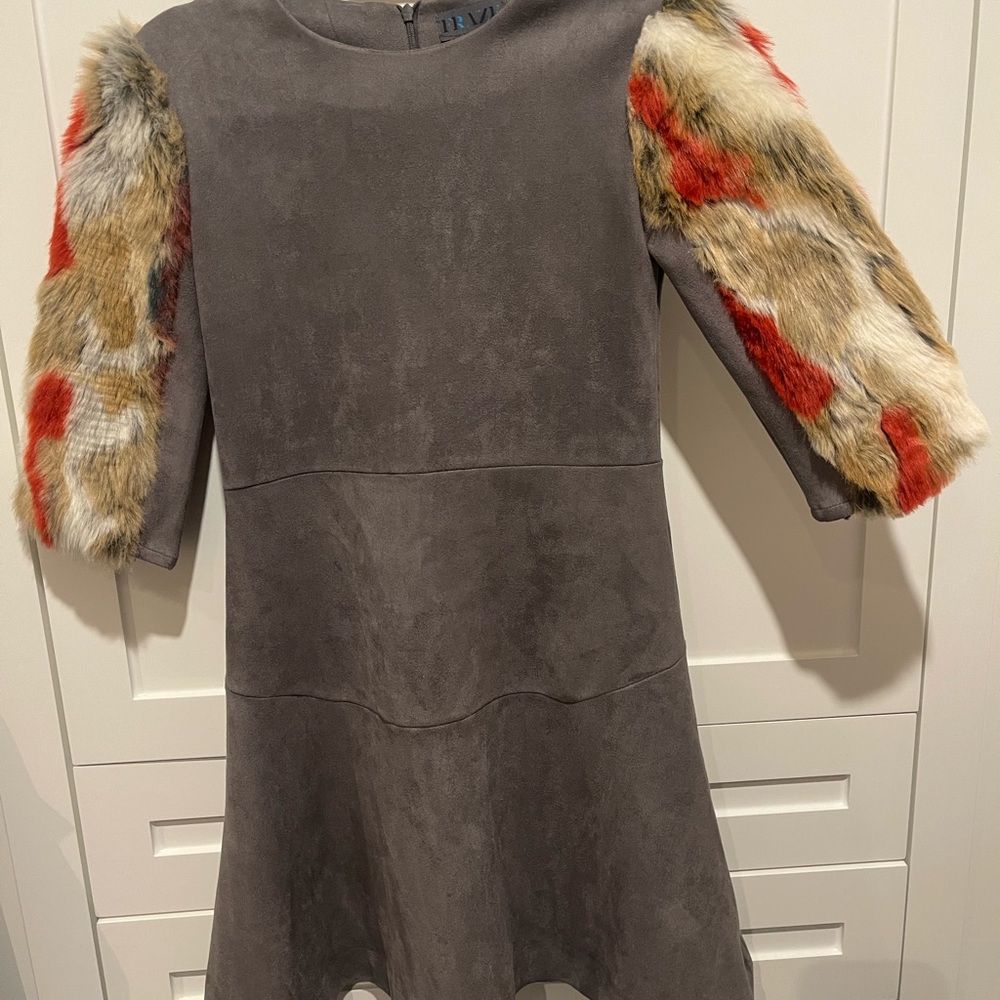 Dressy Gray Suede Kids Dress with Colorful Faux Fur Sleeves